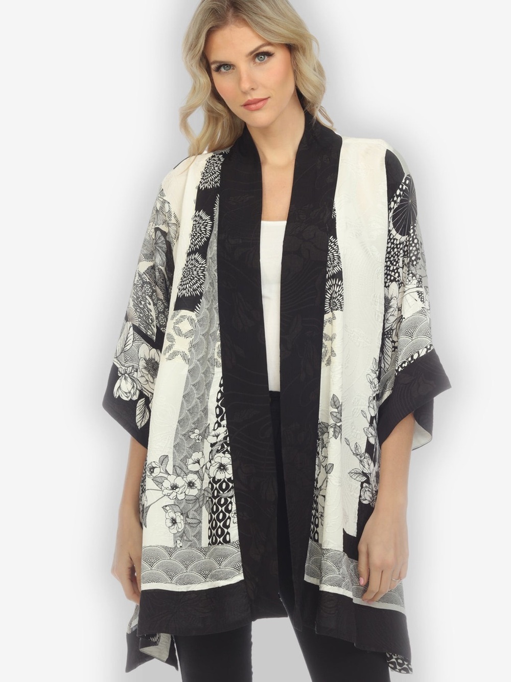 Citron Santa Monica Blossom Silk Blend Kimono Patchwork Floral Black Size S
